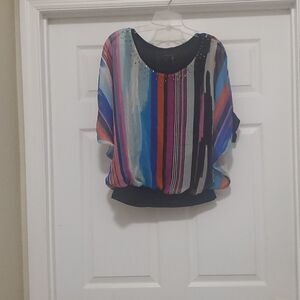 Alberto Makali NY womens L multi color stripes sheer overlay blouse top